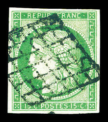 N°2, 15c vert oblitération grille, TB (certificat) Qualité: ...