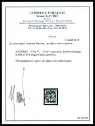 N°1a, 1/2 sur 1c gris-noir, double surcharge, RARE et SUP (signé ...