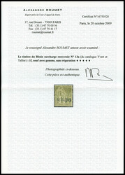 N°13a, 1f vert-olive, surcharge renversée. SUP. R. (signé ...