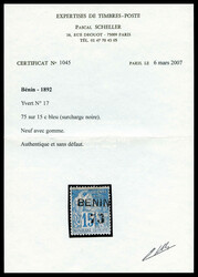 N°17, 75 (noir) sur 15c bleu, tirage 100 exemplaires. SUP. R.R ...