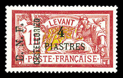 N°12c, 4 pi s 1f lie de vin et olive, surcharge verticale renversée ...