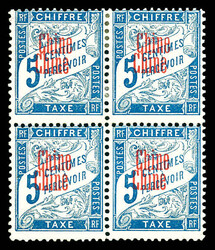 N°1a, 5c bleu, double surcharge carmin en bloc de quatre (2ex*). SUP ...