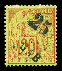 N°3a, 25 sur 20c brique sur vert, double surcharge des chiffres 25. ...