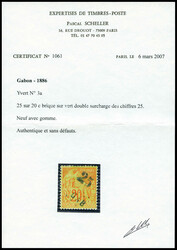 N°3a, 25 sur 20c brique sur vert, double surcharge des chiffres 25. ...