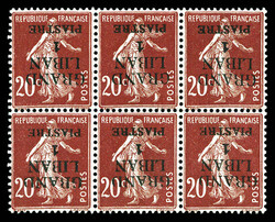 N°5a, 1 pi sur 20c Semeuse: Surcharge renversée en bloc de 6 (1ex*) ...