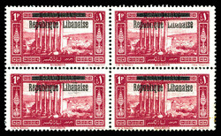 N°86c, 1 pi rose-lilas: surcharge recto-verso en bloc de quatre. TTB ...