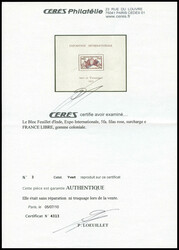 N°3, 5 fa lilas-rose surchargé FRANCE LIBRE. SUP. R. (certificats) ...