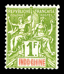 N°15a, 1F olive: Double légende INDO-CHINE. SUP. R. (certificat) ...
