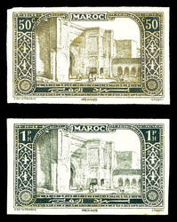 N°75b/76b, 50c et 1f: Essais non dentelés en brun-noir sur papier ...