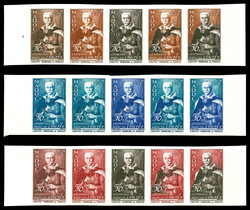 N°338, 50f Lyautey, essais de couleurs: 3 bandes de 5 exemplaires. ...