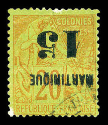 N°5a, 15 sur 20c brique sur vert: surcharge renversée. SUP. R. ...