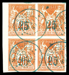 N°1, 40c rouge-orange 1er tirage bleu pâle, bloc de quatre bord de ...