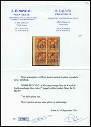 N°1, 40c rouge-orange 1er tirage bleu pâle, bloc de quatre bord de ...