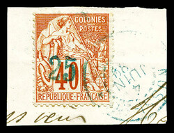 N°6, 25 sur 40c rouge-orange surcharge bleu-pâle sur son support ...