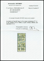 N°12/15, 25c sur 1f olive, Type I et II se tenant verticalement. SUP ...