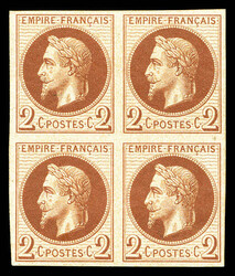 N°26Af, 2c rouge-brun non dentelé, impression de Rothschild en bloc ...