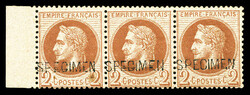 N°26Bc, Bande de 3 du 2c Lauré surchargé SPECIMEN. Trés rare avec ...