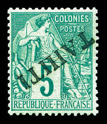 N°10a, 5c vert, surcharge renversée oblique de haut en bas. TTB ...