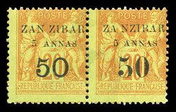 N°15d, 5 a et 50 sur 20c brique sur vert, Type I et II se tenant. TB ...