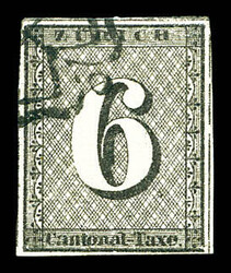 N°10, 6r noir de Zurich obl noire. SUP (signé Margues/certificat) ...