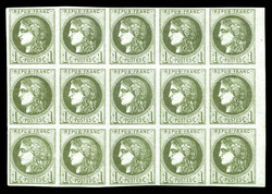 N°39A, 1c olive Report 1, bloc report de 15 exemplaires, bord de ...