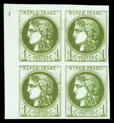N°39B, 1c olive Report 2 en bloc de quatre coin de feuille avec ...