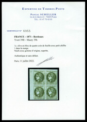 N°39B, 1c olive Report 2 en bloc de quatre coin de feuille avec ...