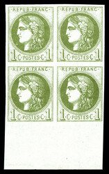 N°39B, 1c olive Rep 2 en bloc de quatre bas de feuille , frais. TTB ...