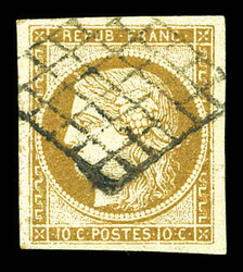 N°1, 10c bistre-jaune obl grille, quatre belles marges. TTB ...