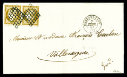 N°1, 10c bistre en paire obl grille + càd de MONTPELLIER sur faire ...