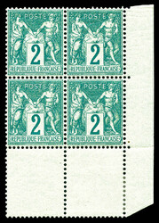 N°62, 2c vert type I en bloc de quatre exemplaires coin de feuille, ...