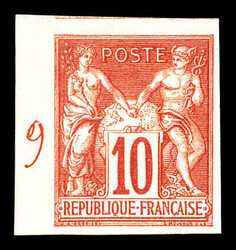 Sage, 10c essai en rouge sur papier carton, petit bdf. SUP. R.R. ...