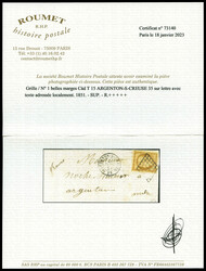 N°1, 10c bistre-jaune obl grille + càd T 15 ARGENTON-S-CREUSE 35 ...