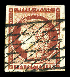 N°6, 1F carmin obl grille sans fin, belles marges. SUP (certificat) ...