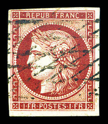 N°6, 1F carmin obl grille sans fin. TTB (certificat) Qualité: ...