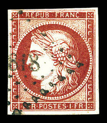 N°6, 1f carmin obl pc légère. TTB (certificat) Qualité: ...