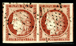 N°6b, 1F carmin foncé en paire horizontale, très grandes marges, ...