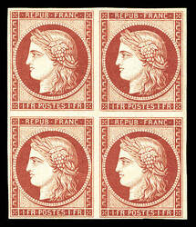 N°6f, 1F carmin, impression de 1862 en bloc de quatre, fraîcheur ...