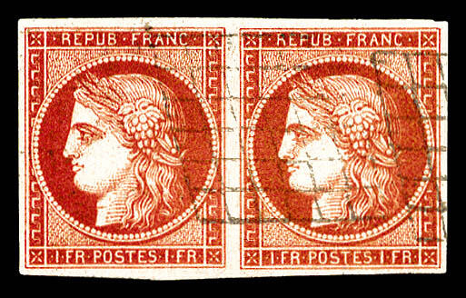 N°7, 1 fr vermillon en paire horizontale obl grille légère, jolie ...