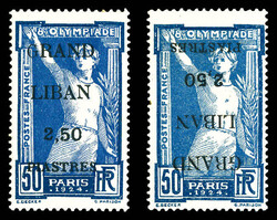 N°21b/c, 2.50pi sur 50c: variétés surcharge renversée (gomme ...
