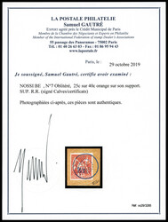 N°7, 25c sur 40c orange surcharge bleu pâle, sur son support. SUP. ...