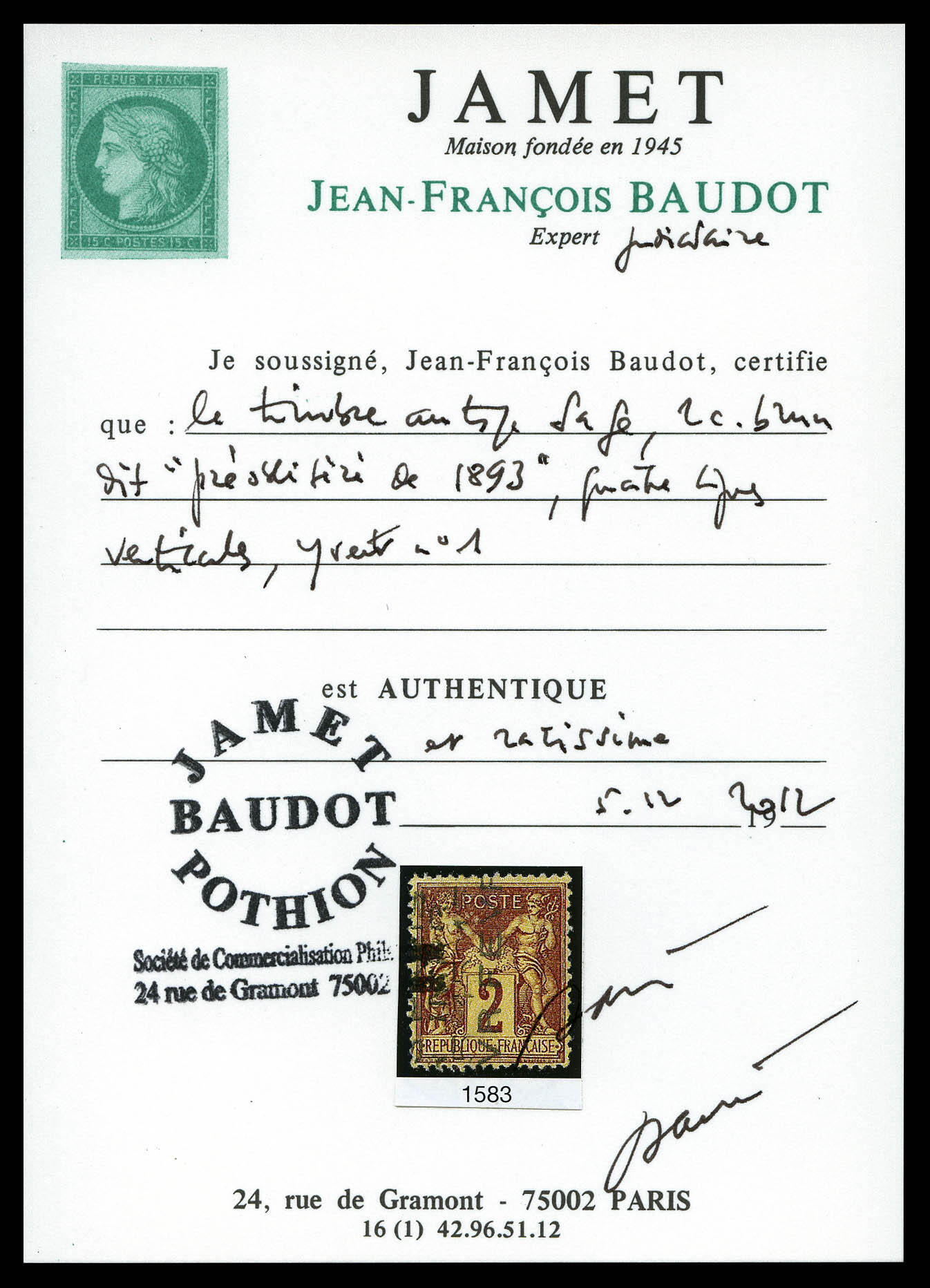 Image 1 for lot number 1029 for La Postale Philatélie 55th Auction