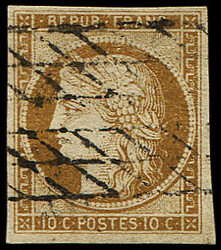 N°1 10c bistre-jaune, obl. GRILLE SANS FIN, TB