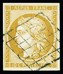 N°1 10c bistre-jaune, obl. grille, TB. Signé Scheller