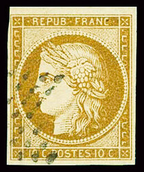 N°1 10c bistre-jaune obl étoile, TB. Signé Calves