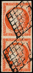 N°5 40c orange, PAIRE verticale obl. GRILLE, TB