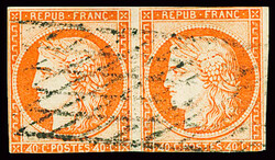 N°5f 40c orange en paire avec tous les deux les 4 retouchés obl ...