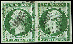 N°12b 5c vert foncé, PAIRE oblitérée PC 2656, TB