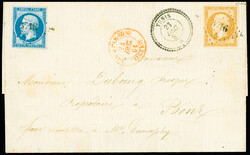 N°14 obl PC 3716 + T22 "Tunis *" (1861) + CAD rouge Tunis par Bône ...