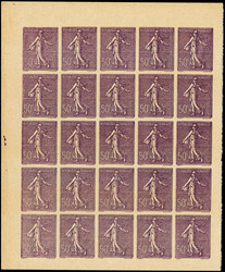 N°199 Semeuse Lignée, 50c, T I, essai en violet, BLOC de 25 avec ...